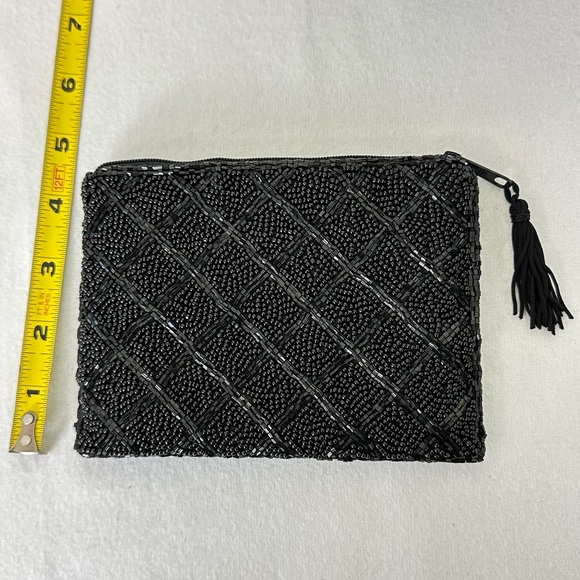 Beaded Fancy Sparkly Tiny Black Prom Evening Formal Clutch Zipper Pouch Bag - Picture 5 of 5